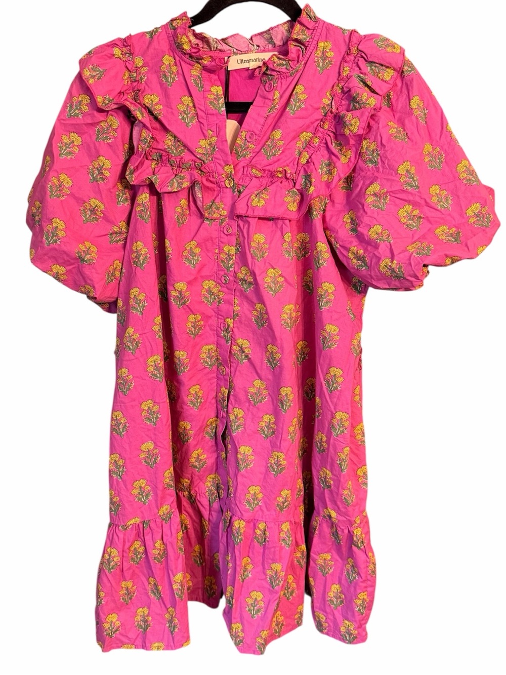 Avara Ultramarine Bella Pink Ruffle Floral Print Dress, size Medium NWT